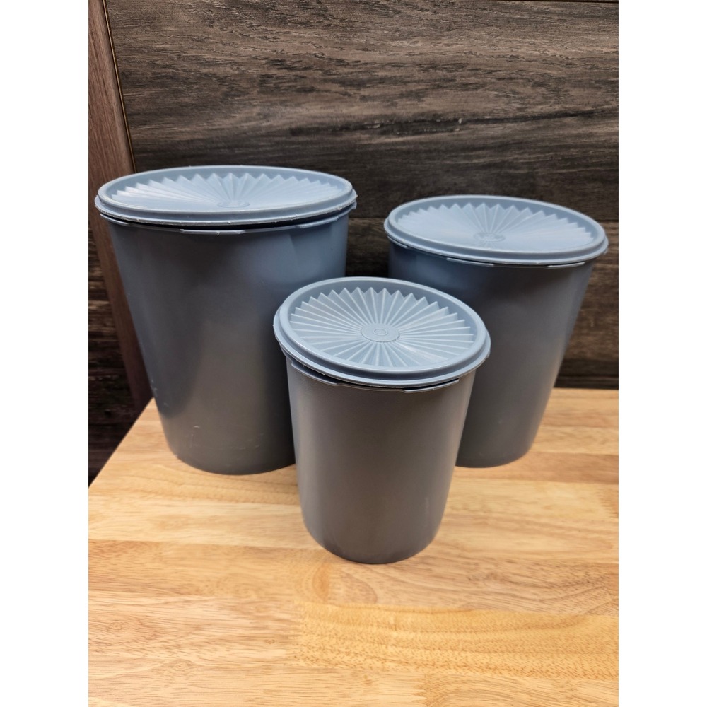 Tupperware Servalier Canister Set 3 blue Nesting Containers Sunburst Lids Retro